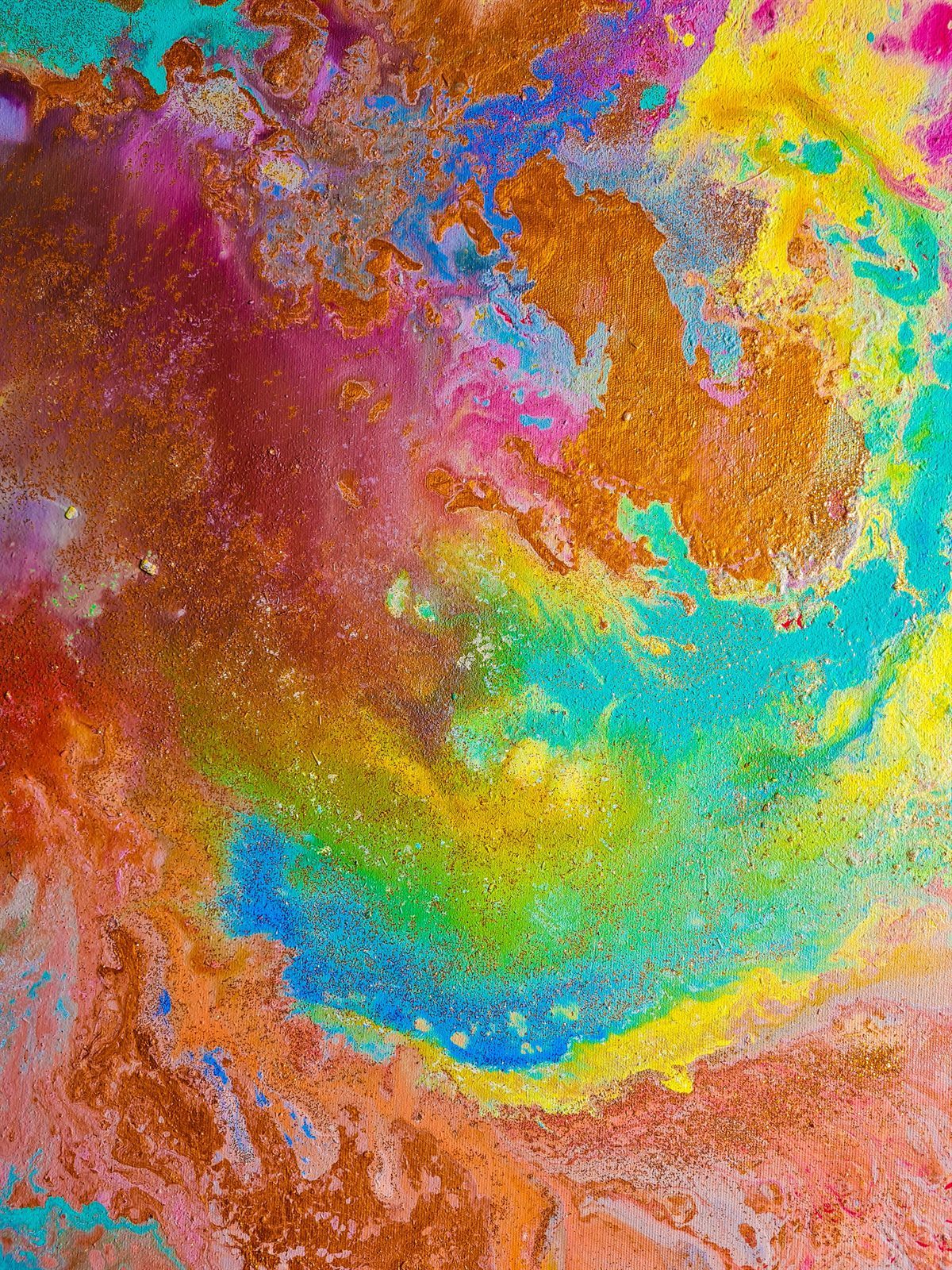 Detail of a poured abstract painting in turquoise, magenta and copper